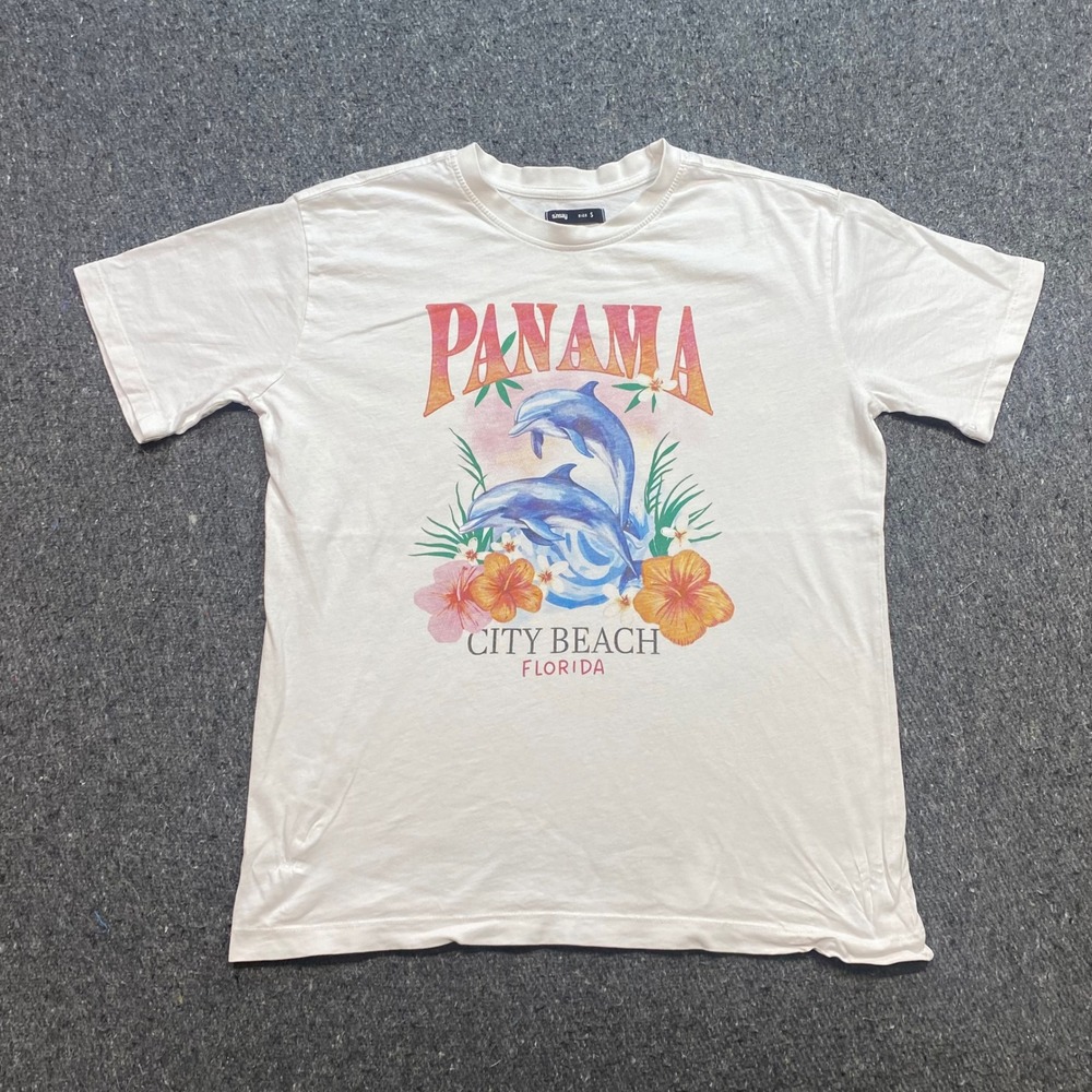 Sinsay Panama City Beach Florida TShirt Sz S White Dolphin Tropical Souvenir Tee